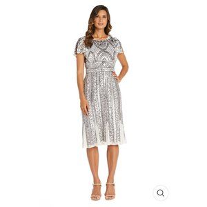 NWT R & M Richards Ivory Midi Length Mesh Sequin Dress w/ Godet Insets Size‎ 8